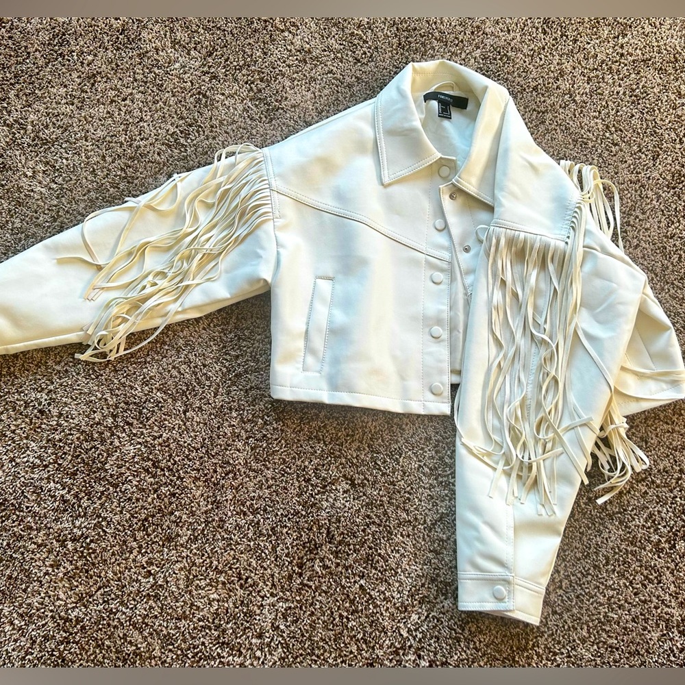 White Faux Leather Jacket Fringe Cropped Long Sleeve